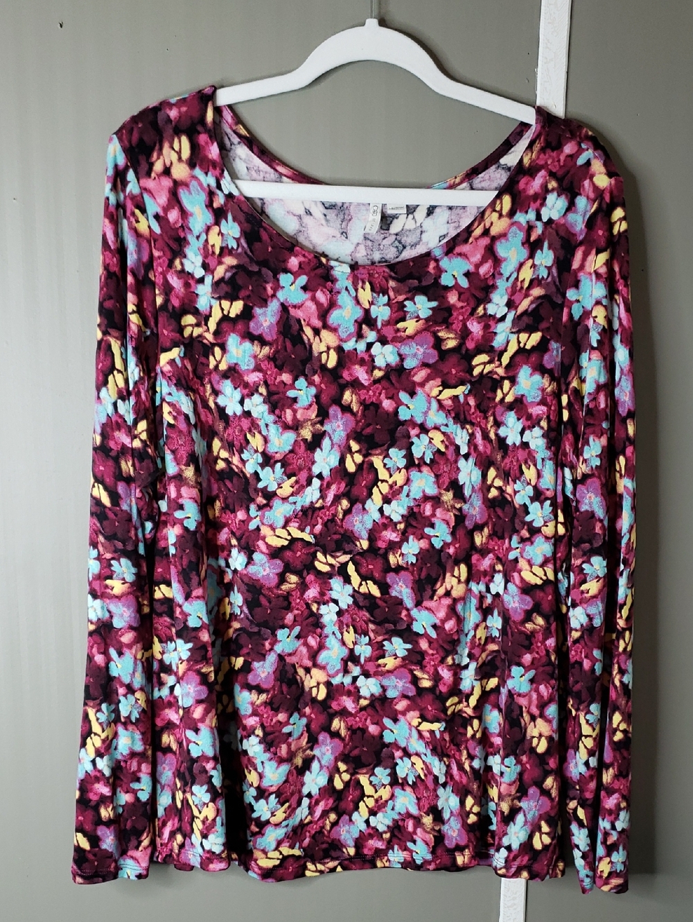 Cato Long Sleeve Floral Top - Burgundy, Aqua, Yellow